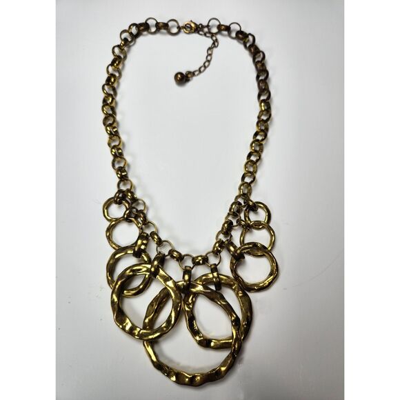 Chunky Hammered Gold Tone Statement Necklace 16” Chain with 2.5” Ring Pendant - Picture 4 of 6